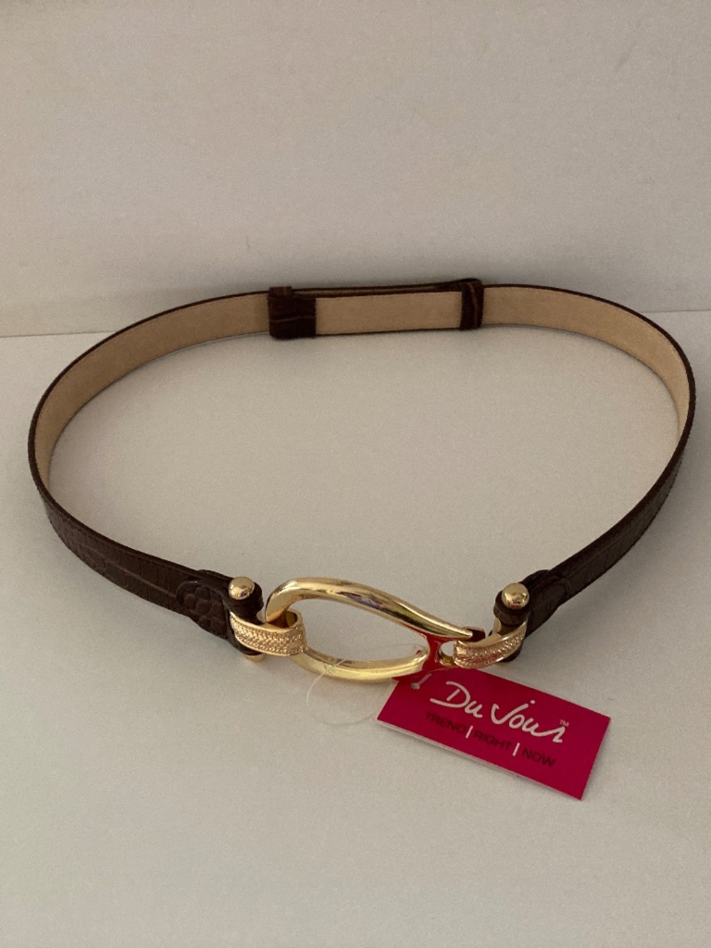 DuJour Brown Croco Embossed Skinny Belt/Gold Tone Oval Buckle/M/L/24-39"/NWT!